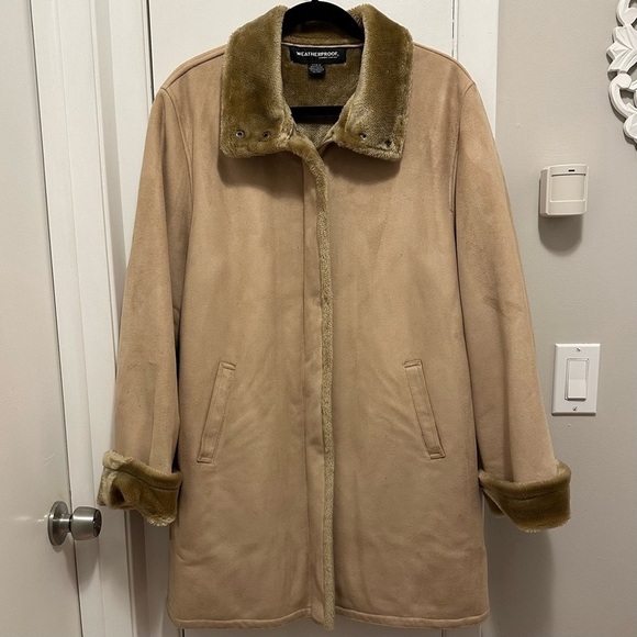 Weatherproof Jackets & Blazers - Weatherproof L Soft Faux Fur Lined Jacket Coat Collared Tan Zip Snaps Pocket